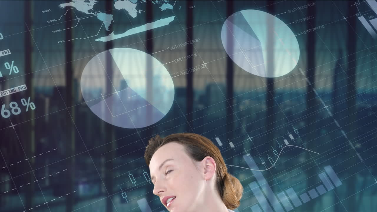 다양한 그래프와 데이터가 있는 화면을 통해 백인 사업가의 머리의 애니메이션