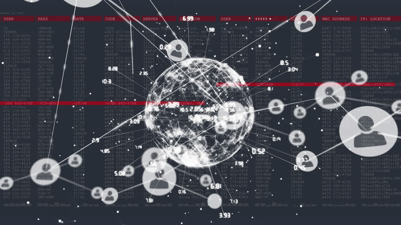 전 세계에 대한 아이콘과 검은색 배경에 대한 데이터 처리와 연결 네트워크의 애니메이션