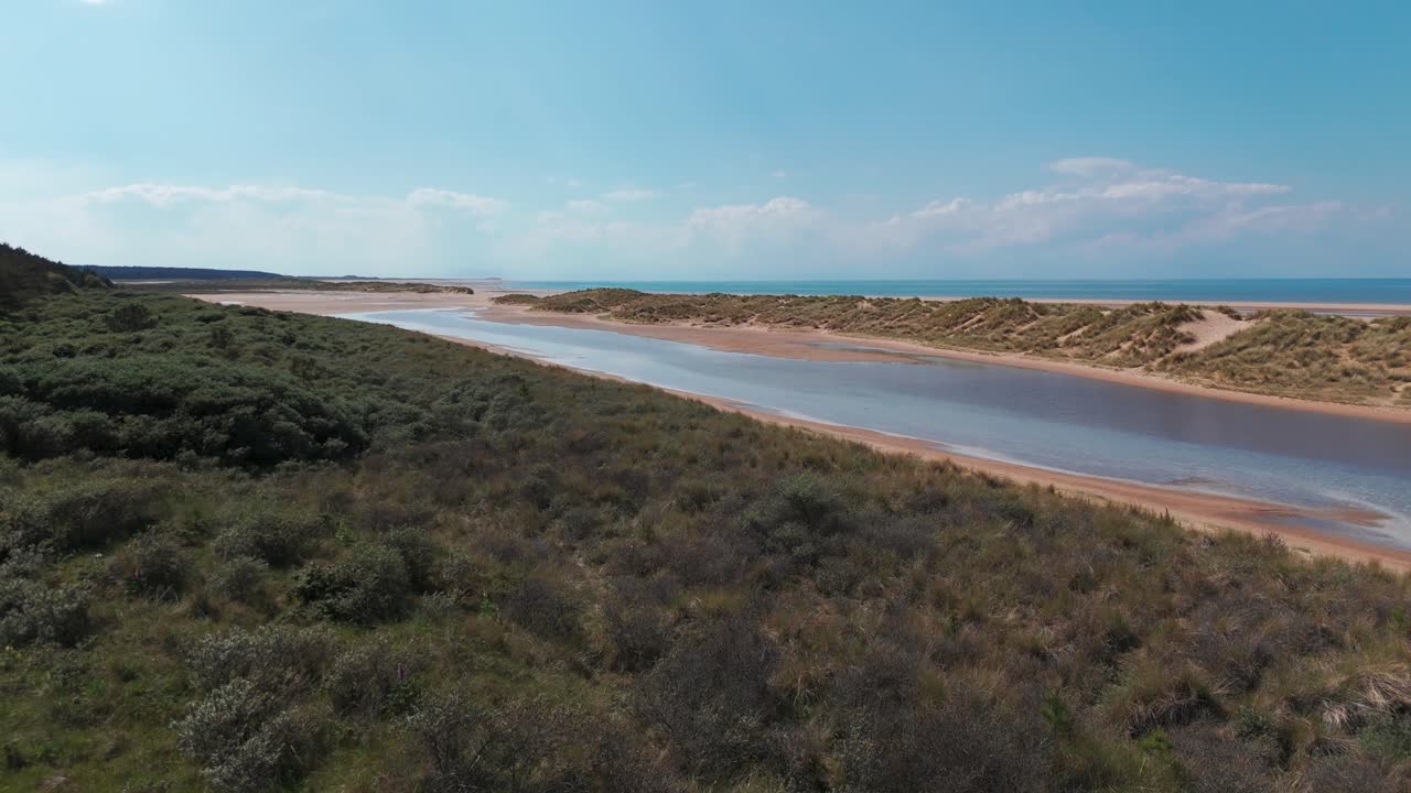 A peaceful view of Holkham Bay in Norfolk, showing the coastline, dunes, and water