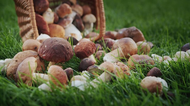 Cesto di vimini con funghi di bosco sparsi sull'erba.