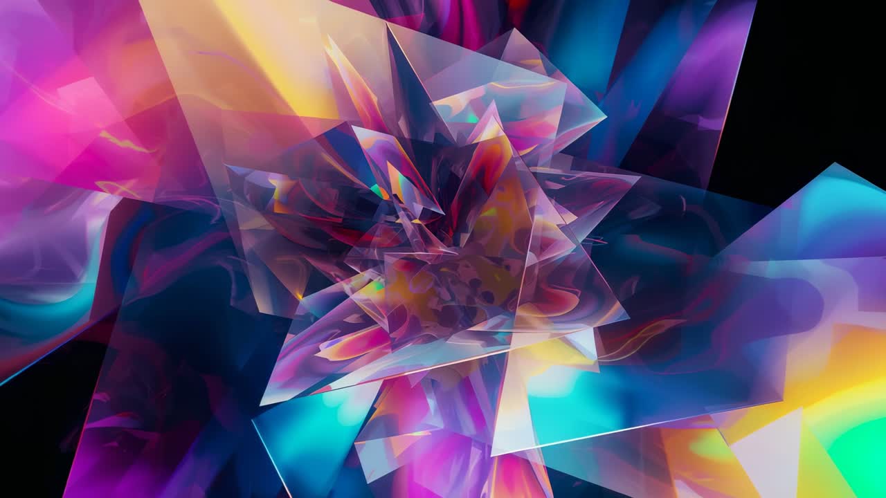 Opening cluster of colored translucent planes forming rotating fractal art in black void, growing