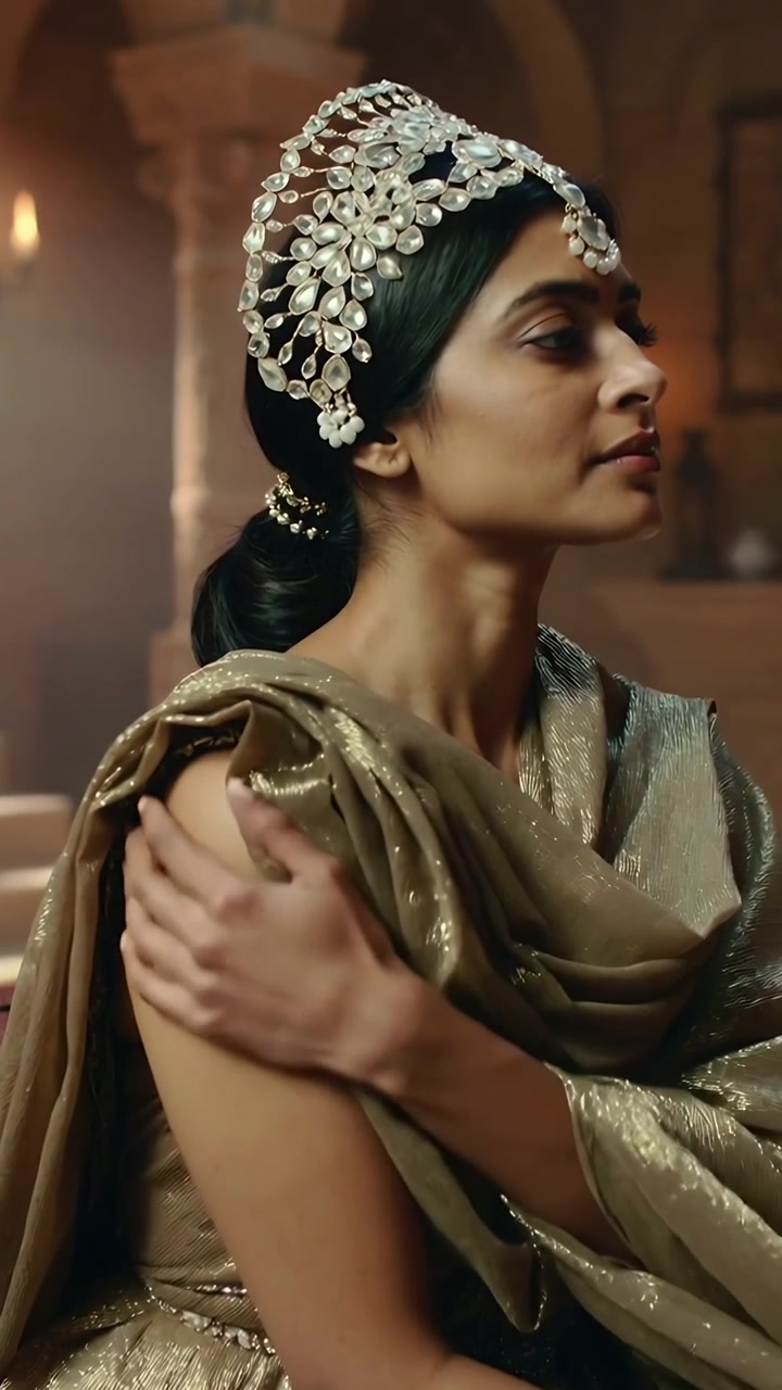 Video verticale: Ripresa di una donna indiana che alza la mano per sistemare una tiara e un sari d'oro in una sala per una cerimonia.