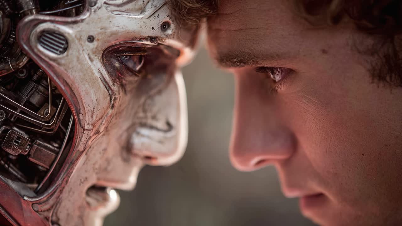 Intensa confrontación emocional entre humano y robot, explorando temas de identidad, humanidad y conexión en una narrativa futurista.