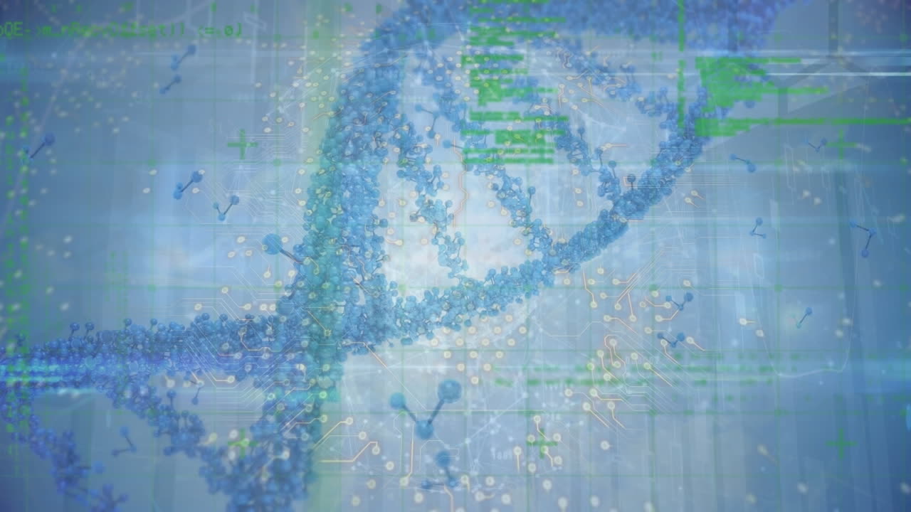 파란색 배경에 분자 구조를 회전하는 dna 구조의 애니메이션