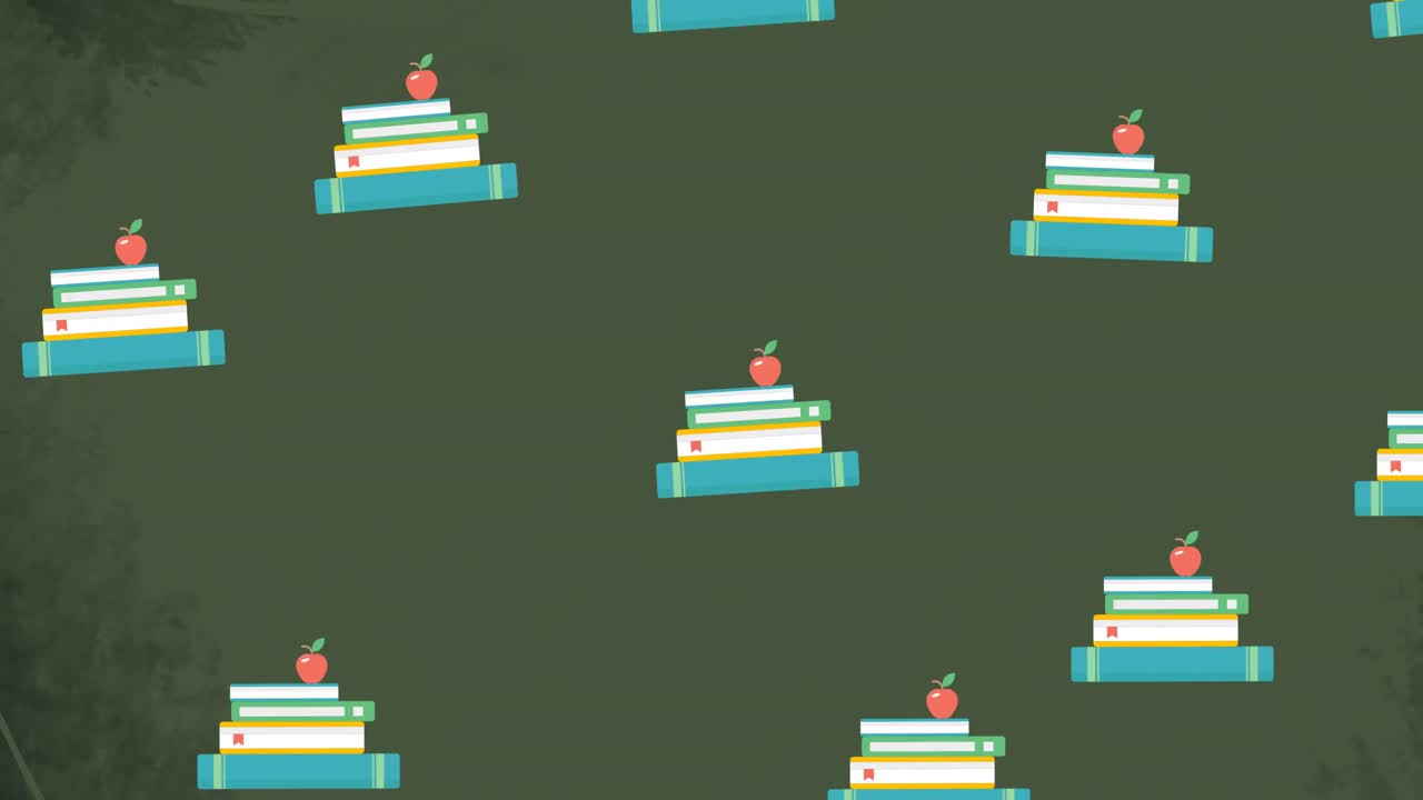 Animation of repeated stacks of books with apples moving on green background