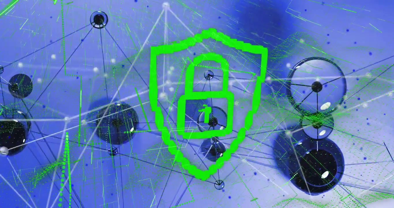 On network startup, green shield icon cycling symbols and tracing data, forming security lock