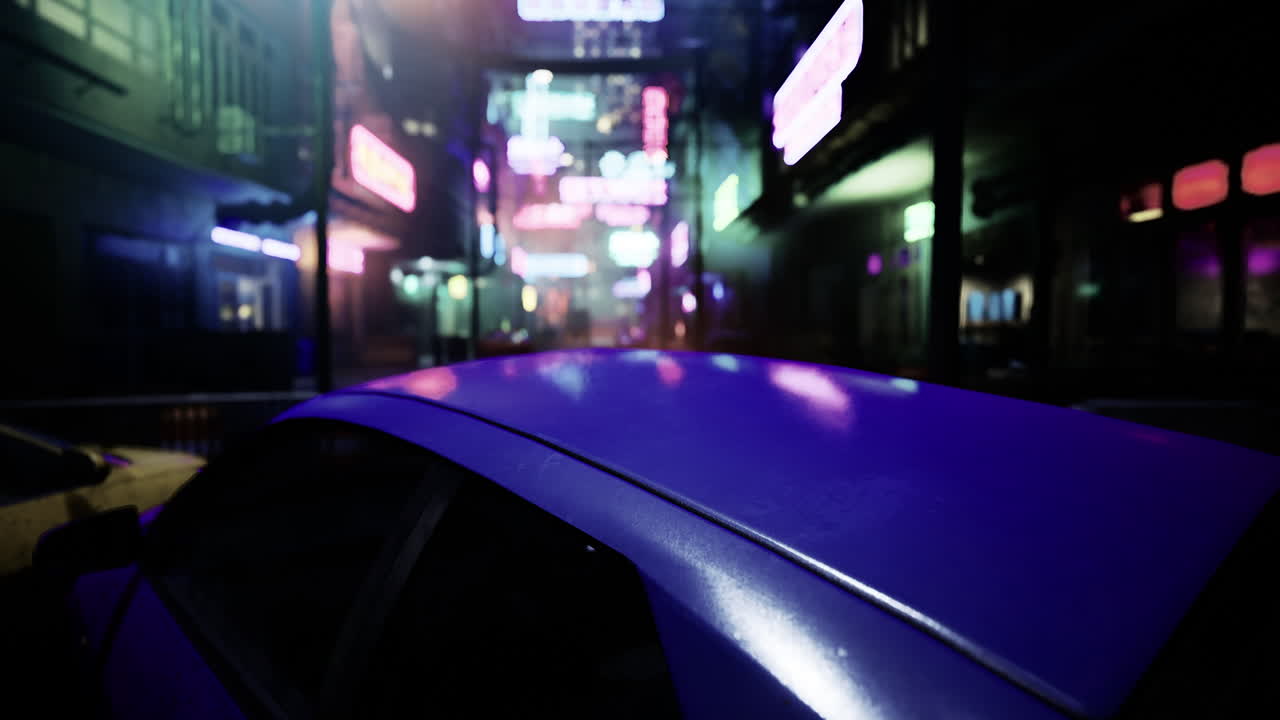 Vibrant nightlife along a neon lit alley with a parked car at dusk