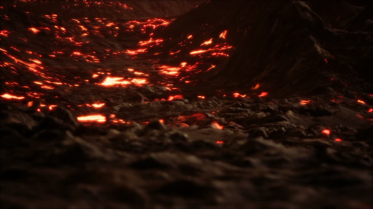 lava fundida roja y vibrante que fluye sobre un campo de lava gris y una tierra rocosa brillante