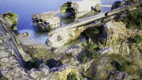 wreckage of an aircraft surrounded by rocks and water in a remote location