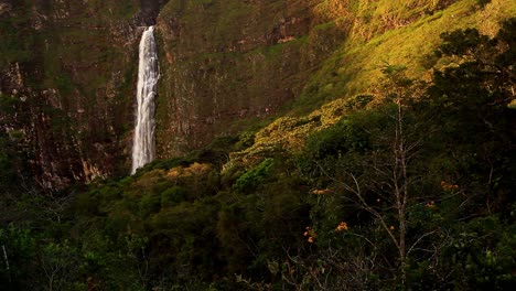 A-waterfall-roars-down-the-side-of-mountain-cliffs-in-this-tropical-climate