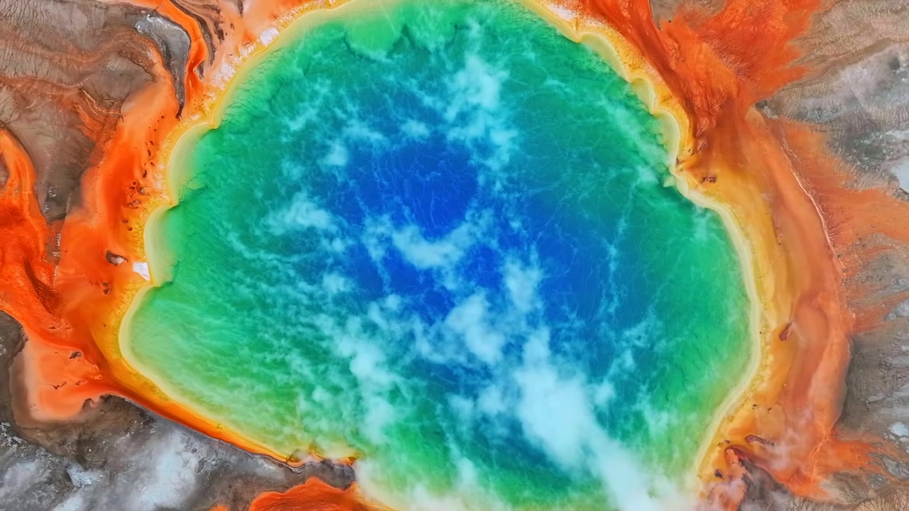 Grand Prismatic Spring leuchtende Regenbogenfarben Excelsior Geyser Krater Mid Geyser Basin Wyoming Yellowstone Nationalpark Luftaufnahme Drohnenperspektive Naturlandschaft Morgen farbenfroh lebendig aufwärts