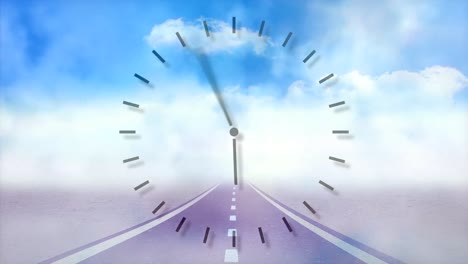 Animation-of-clock-and-road-on-sky-with-clouds