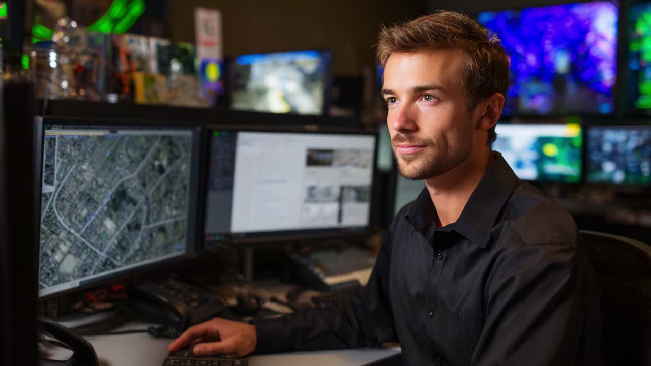 Focused Technician Analyzing Digital Mapping Data on Computer Screens in High-Tech Environment with Multiple Monitors Showing Geographical Information and Computer Interfaces