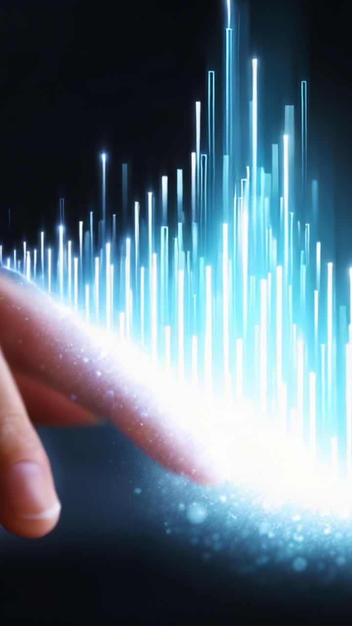 A futuristic representation of a finger interacting with a shimmering array of light beams and particles, symbolizing technology, data, and innovation in modern digital interactions