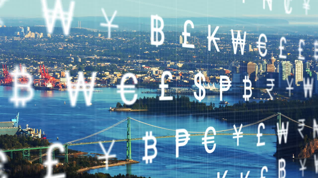 анимация валютных символов в течение промежутка времени движущейся лодки в океане против современного города