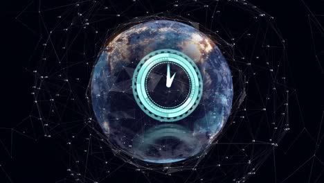 animation of neon ticking clock and network of connections over spinning globe on black background