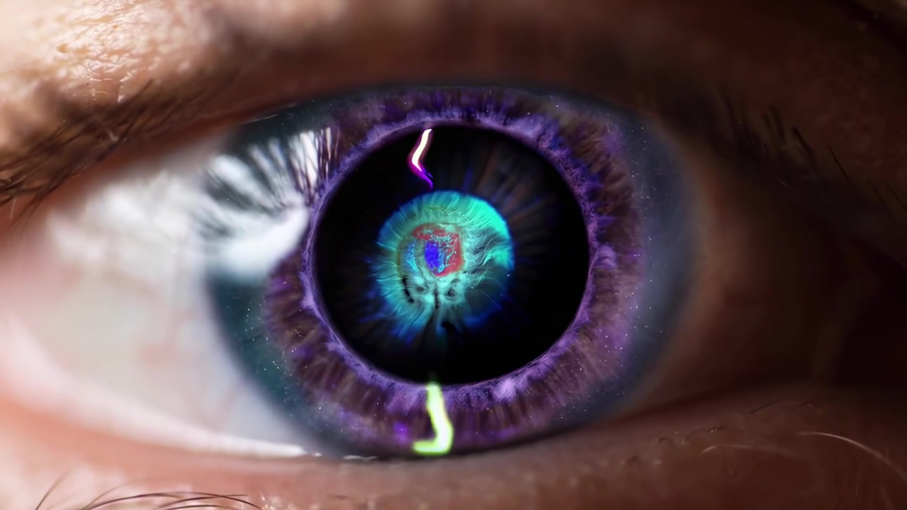 Primo piano di un occhio umano con effetti cosmici e fulmini animati