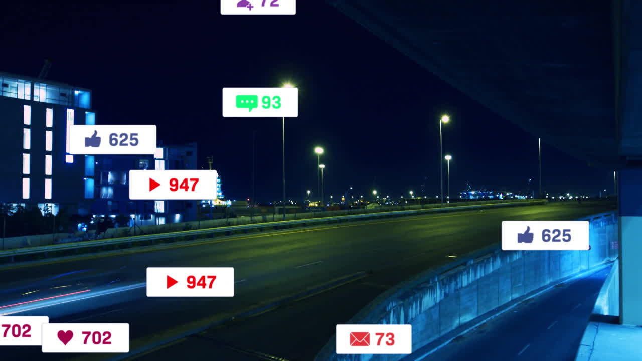 도시 풍경에서 점점 더 많은 수의 소셜 미디어 아이콘의 애니메이션