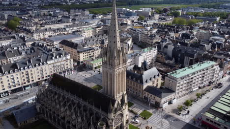 Aerial-Pullback-Church-of-Saint-Peter-in-Caen-Sunny-Day