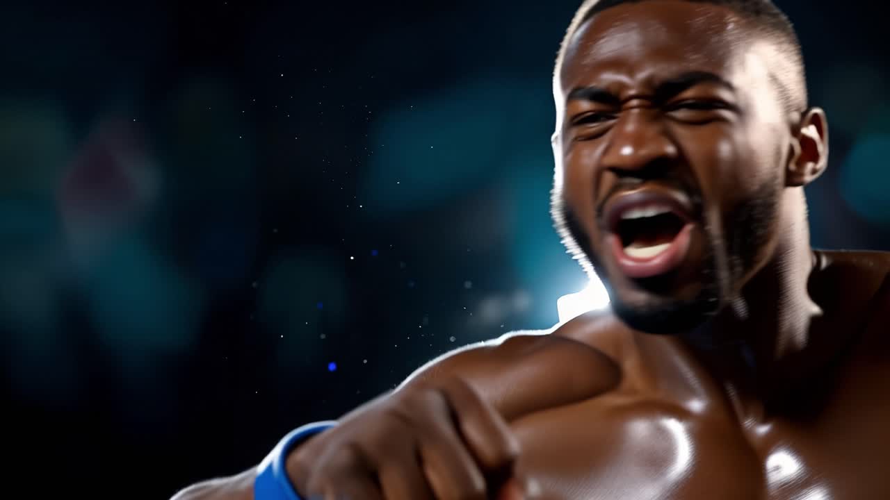 Sessione di allenamento intensa di un pugile che evidenzia potenza atletica e determinazione con espressioni concentrate e movimenti dinamici in un'illuminazione drammatica