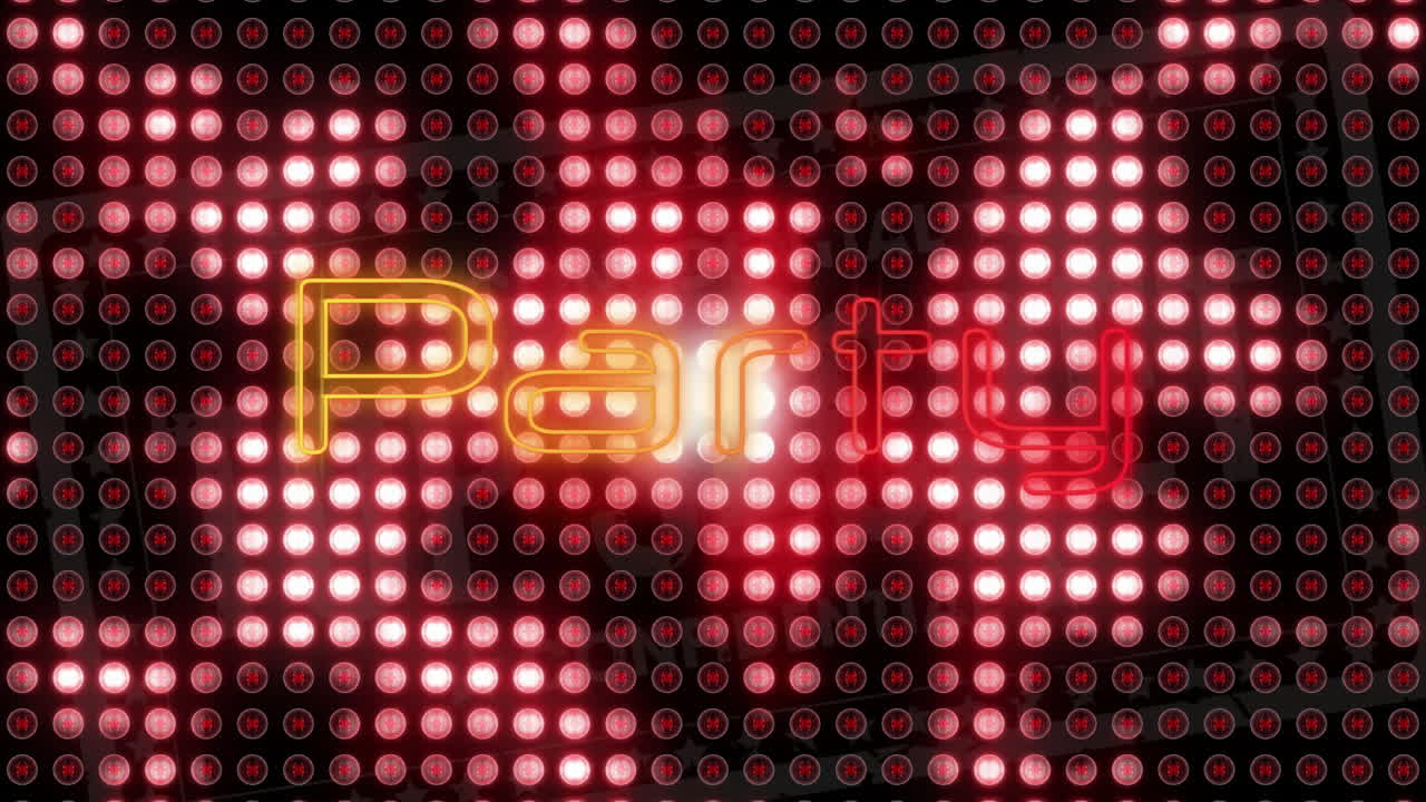 Animazione di testo 'Party' su sfondo di luci LED rosse e bianche