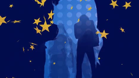 Animation-of-stars-falling-over-dancing-silhouettes-of-people-over-blue-spots