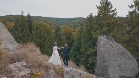 newlyweds stand on a high slope of the mountain. groom and bride. aerial view