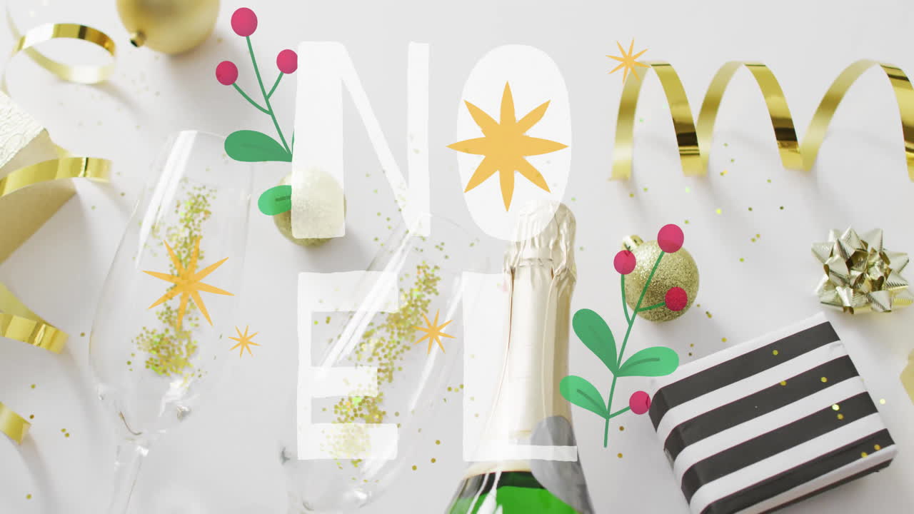 Noel text animation over Christmas decorations with champagne and gifts