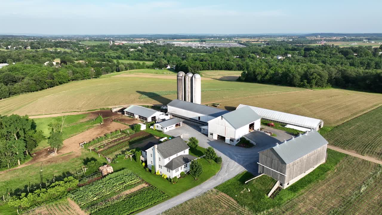 Well-maintained farmstead with house, building, barn, silo storage and garden. Agricultural farm fields and forest in rural area of America. Descend drone shot, Sunny day in summer