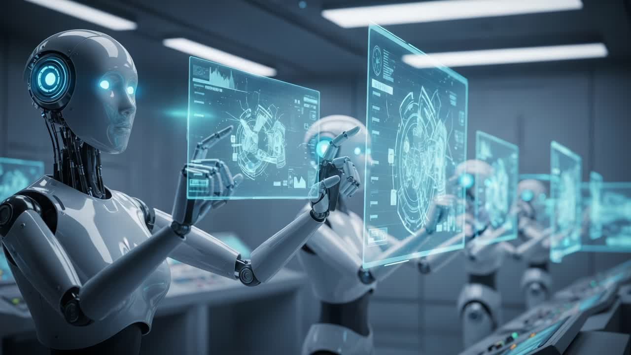 Futuristic Robotics: Advanced Humanoid Robots Interacting with Holographic Interfaces in a State-of-the-Art Technological Environment