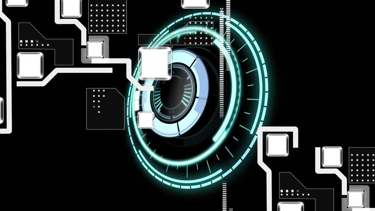 Animation of computer circuit board over safe lock on black background