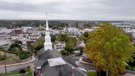 aerial over church in mystic connecticut