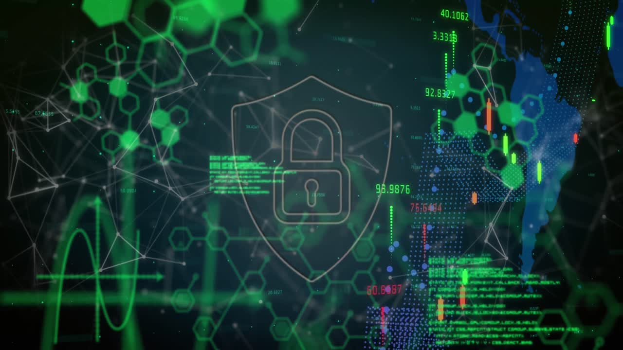 icono de candado de seguridad y estructuras químicas contra el procesamiento de datos financieros y el mapa del mundo