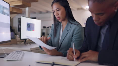 night, man and woman in office together