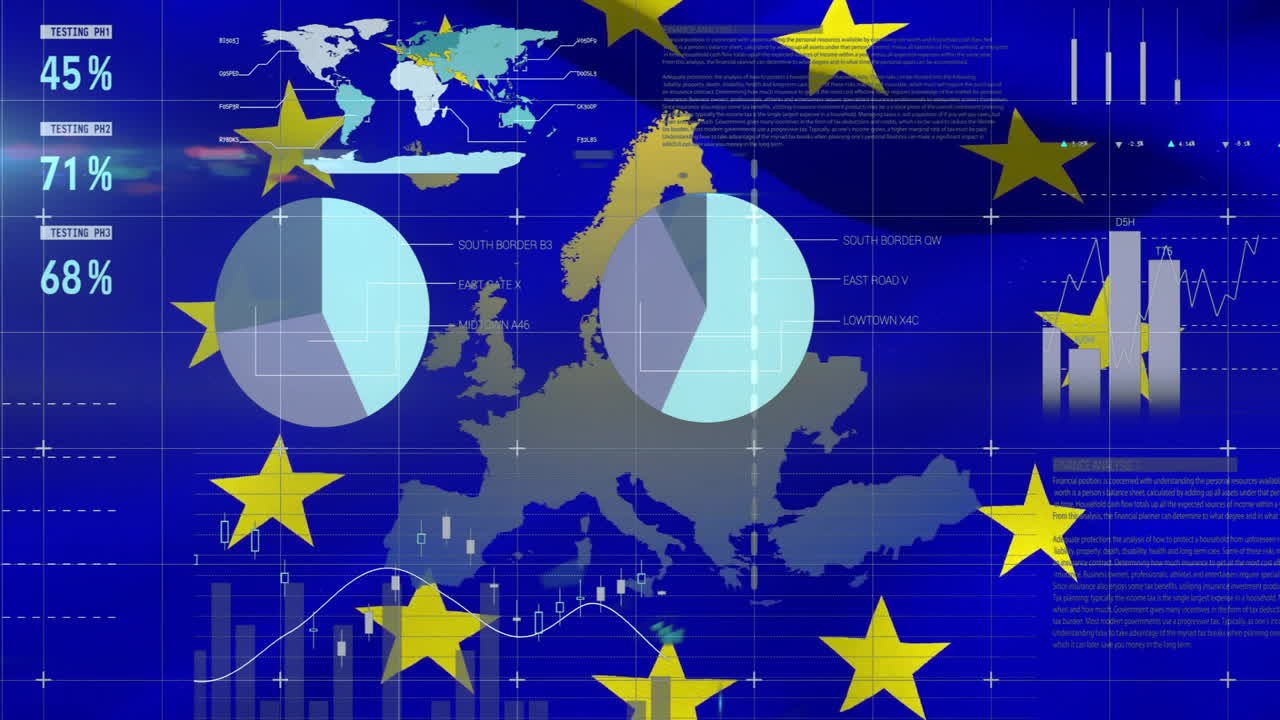 Overlaying European Union stars, map of Europe with data charts and animation