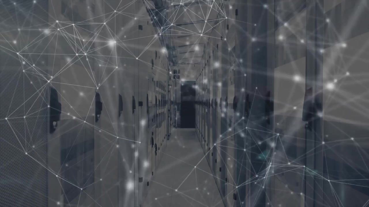 Digital mesh fading in along server corridor at start, pulsing and converging visualizing data flow