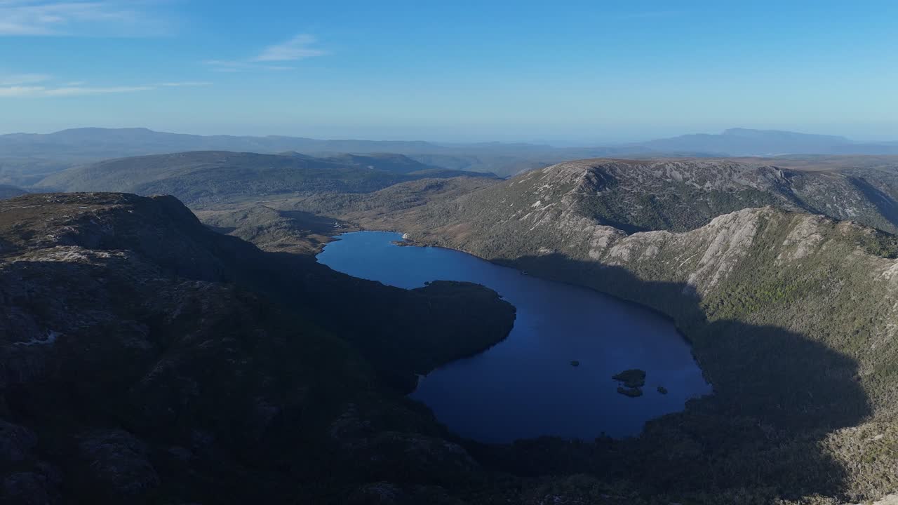Aerial view of Dove Lake in the Cradle Mountain World Heritage Area in Tasmania, Australia.