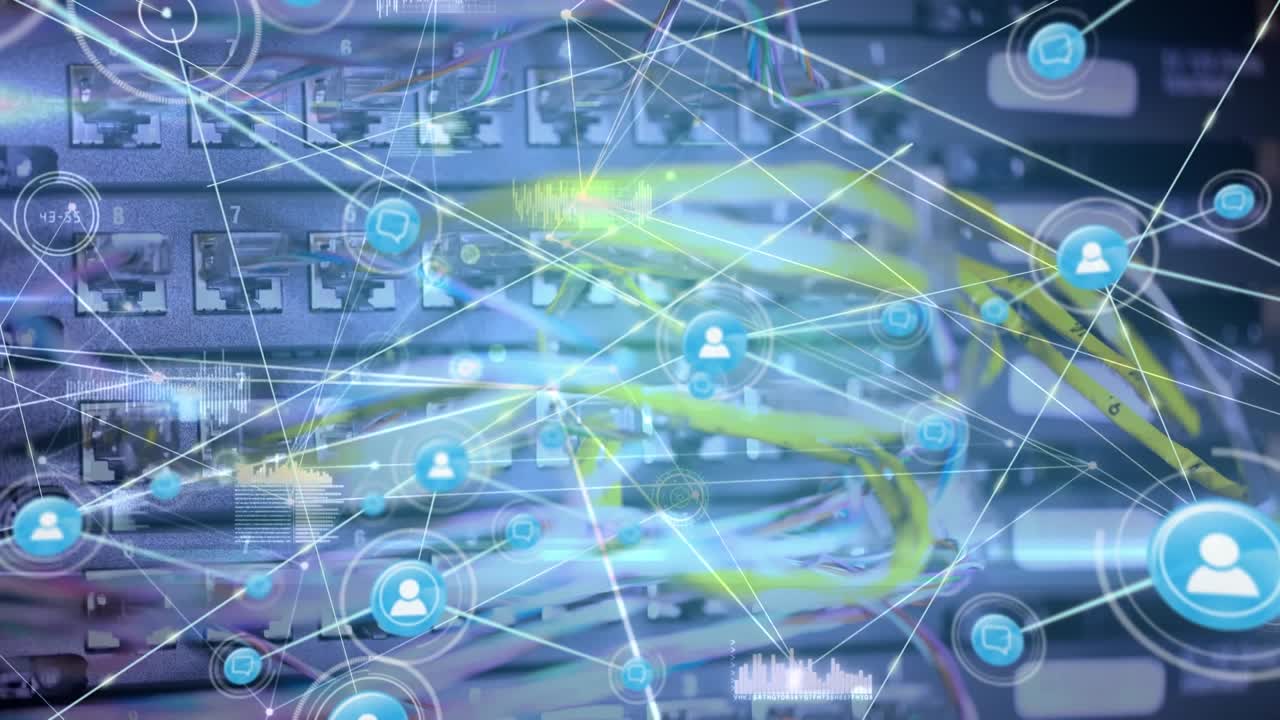 Digital icons and data networks merge in a global finance and technology video concept