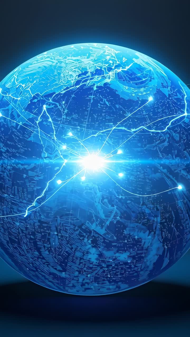 Video verticale: globo pulsante, filamenti che si formano e convergono sull'hub sulla base, simulando una rete