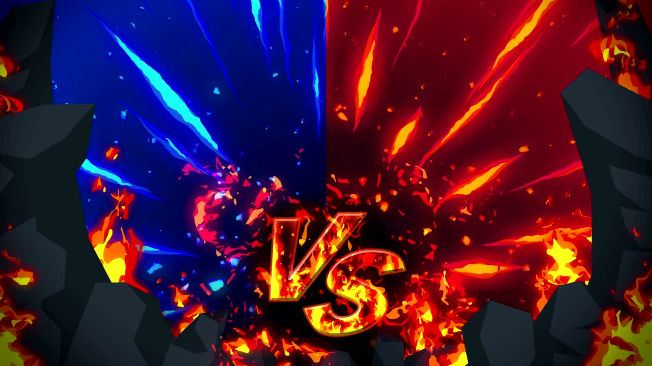 만화 화재 애니메이션. 불꽃 루프 배경. 경쟁. 전투 게임. 아이콘에 대항. 아이콘과 대결.