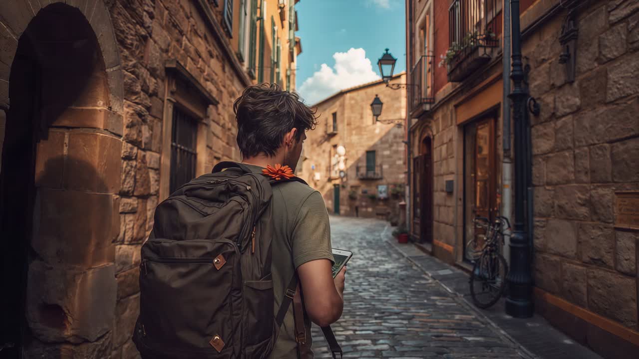 Wandernder Reisender, der die Karte überprüft und einen sonnenbeschienenen Ausgang mit Rucksack und Stock in einer Kopfsteingasse entdeckt