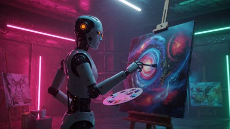 a robotic artist creating a cosmic masterpiece: exploring the intersection of technology and creativity through dynamic brushstrokes and vivid colors