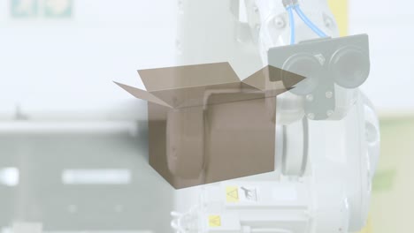 animación de un robot trabajando sobre la apertura y cierre de una caja de cartón