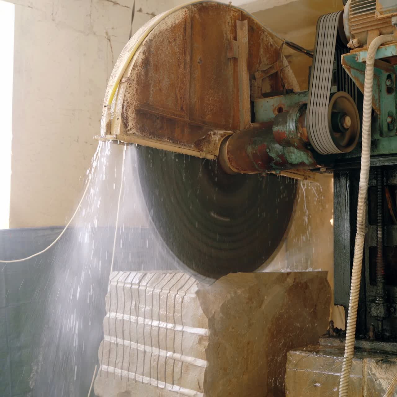an automatic equipment with water dispenser is cutting a huge stone with a steel disc. Stone processing technology