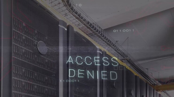 Animation of access denied text with icons over server room