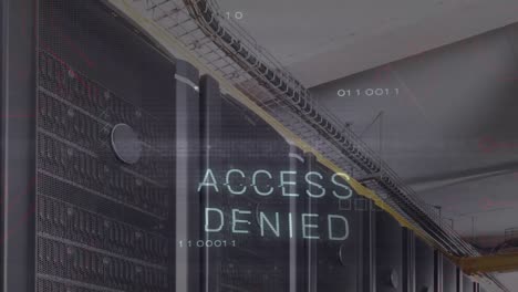 animation of access denied text with icons over server room