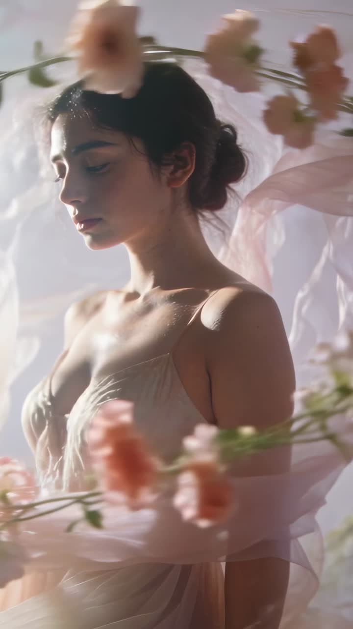 Video verticale: Brezza di ventilatore che rivela una donna in posa in studio con velo, sottoveste e motivi floreali.