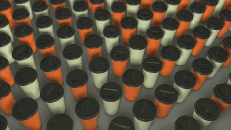 dos tazas de café de colores en el fondo. renderizado abstracto 3d con luz brillante y sombras. patrón de tazas de cafe. animación en bucle. blanco naranja