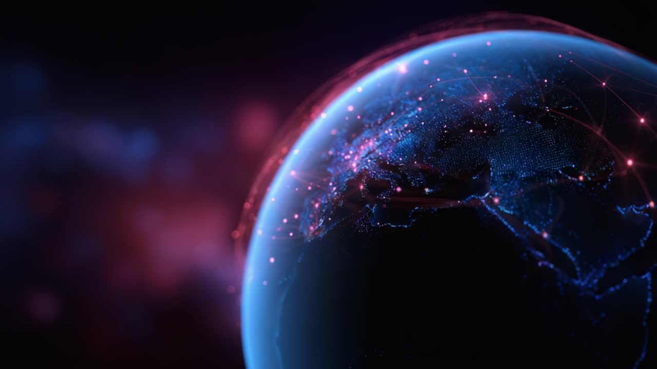 En fantastisk visuel repræsentation af Jorden, der viser levende forbindelser af lys og data over hele kloden, og som understreger vores verdens indbyrdes forbundethed