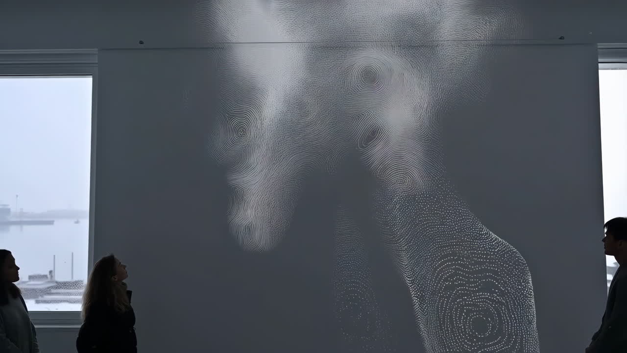 Viewers observe a captivating abstract digital art projection installation